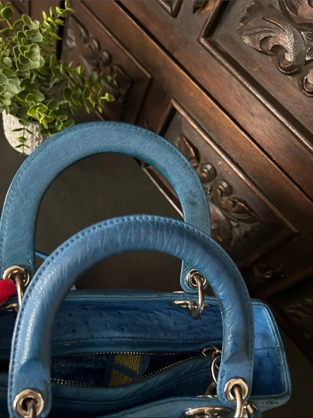 Beautiful Blue Ostrich-Textured Lady Tote with DR Charm